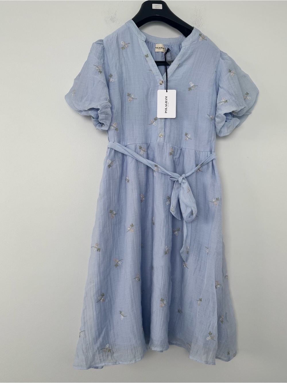 NWT Polagram Midi Dress L Blue Embroidered Puff Sleeve Cottagecore Coquette Boho